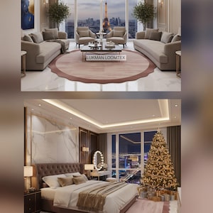 May include: Two images of luxury interior designs. The top shows a living room with a large rug, sofas, and a city view. The bottom image displays a bedroom with a bed, rug, and a Christmas tree. The text "LUKMAN LOOMTEX" is visible on both rugs.