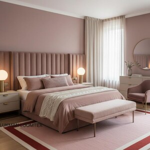 Cozy bedroom with layered bedding, pink wool area rug tucked under bed, plush hand tufted texture.