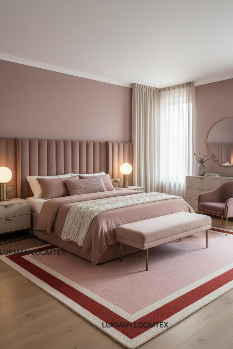 Cozy bedroom with layered bedding, pink wool area rug tucked under bed, plush hand tufted texture.