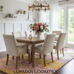 Bright dining room, boho modern dining room rug under table, mustard and blush horizon stripes, thick plush hand tufted pile