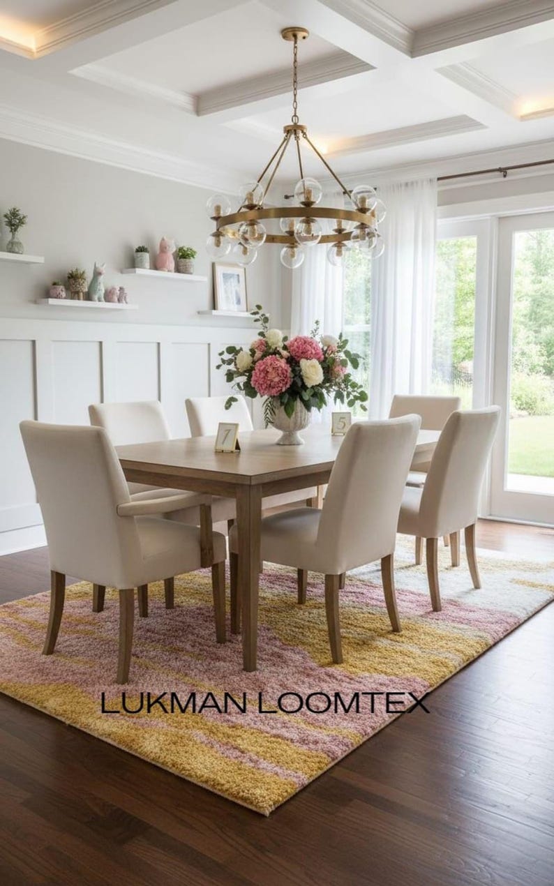 Bright dining room, boho modern dining room rug under table, mustard and blush horizon stripes, thick plush hand tufted pile