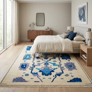 Hand-Knotted Wool Area Rug: Vintage-Inspired Floral Design