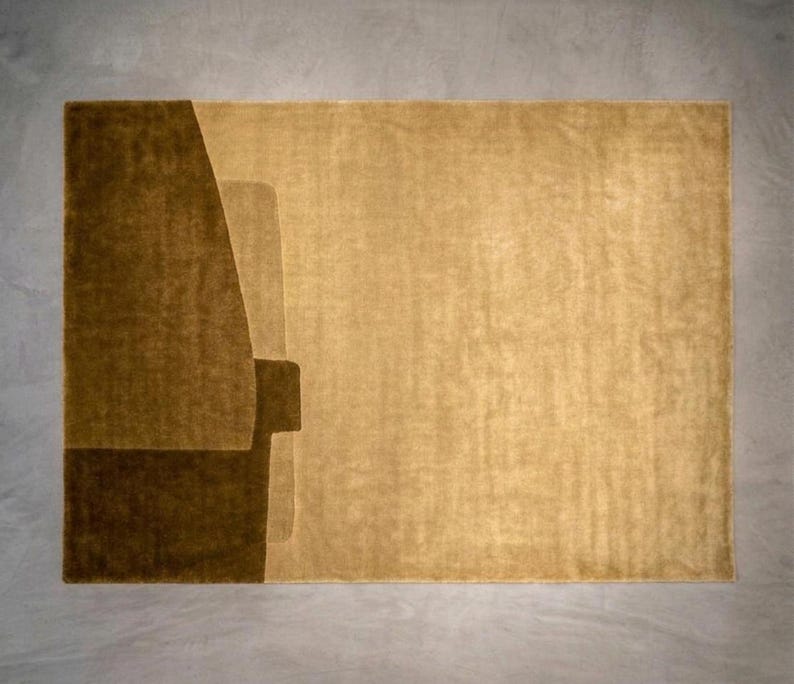 Gold mustard modern wool area rug, mid century modern style rug, warm minimalist geometric design