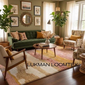 Cozy living room, rectangular mid century modern abstract shag rug under coffee table, mustard and terracotta waves, plush wool blend