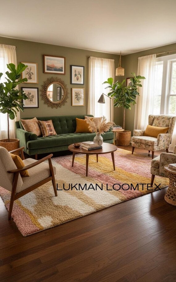Mid Century Modern Abstract Shag Rug, Ivory Wool, Large Living Room Rug