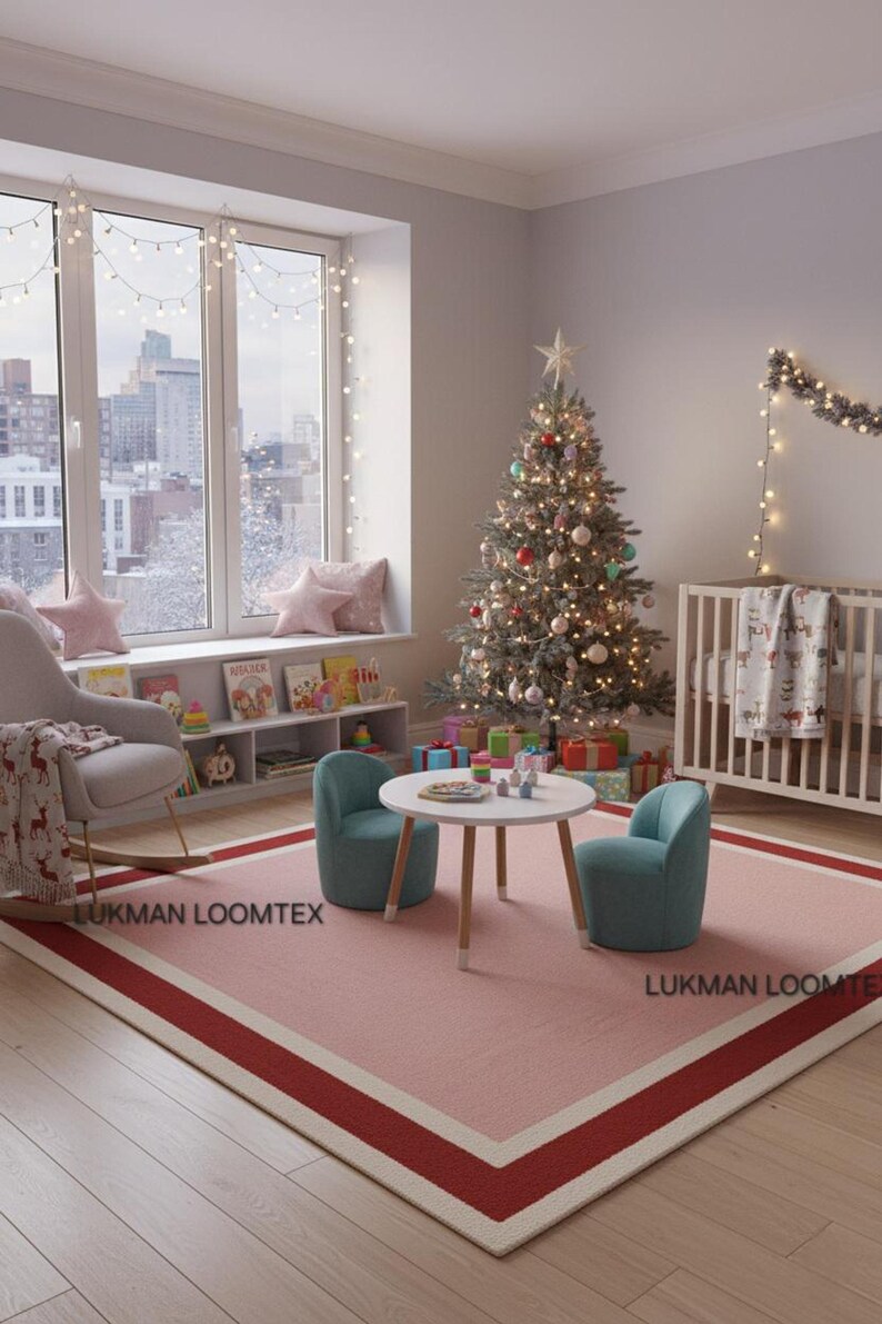 Sunlit window nook with teal stools, pink wool area rug under small tables, hand tufted wool texture.