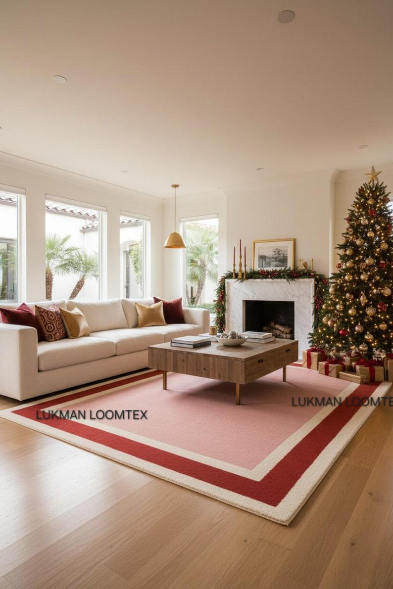Contemporary living room by fireplace, pink wool area rug adds plush, luxury modern rug warmth.