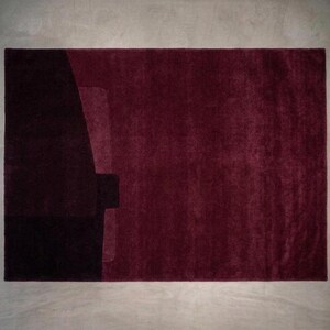 Deep burgundy modern wool area rug, rich color block design, luxe hand tufted texture and pile