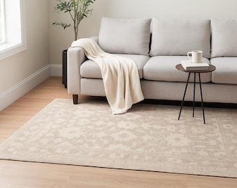Hand Carded  Wool Rug Neutral Beige & Ivory Oriental Design Vintage Style Area Carpet  Traditional Floral  5x7 8x10 9x12 5x8 6x9 10x14