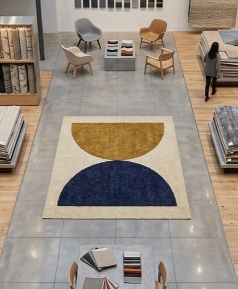 Hand Tufted Wool Area Rug – Navy Blue Mustard Gold Geometric Mid ...