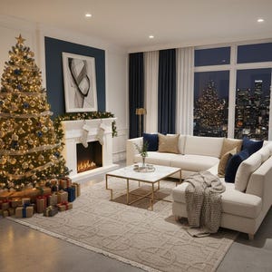 May include: A festive living room scene with a decorated Christmas tree, fireplace, and a cream-colored sofa. The room features a patterned rug, a coffee table, and a view of a city skyline at night.