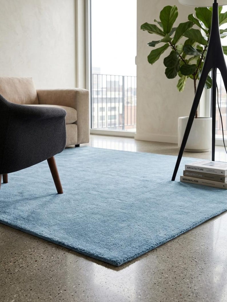 100% Wool Hand-Tufted Modern Area Rug – Plush Ocean Blue Living Room Carpet image 7