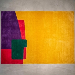 Bold multicolor modern wool area rug, bright yellow, magenta and teal blocks, artistic abstract design