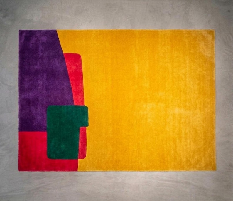 Bold multicolor modern wool area rug, bright yellow, magenta and teal blocks, artistic abstract design