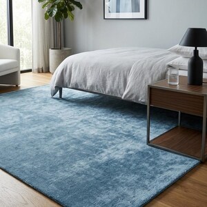 May include: A rectangular, light blue rug on a hardwood floor in a bedroom setting. The rug is the focal point, with a soft, textured appearance. A bed with light gray bedding, a side table, and a potted plant are also visible.
