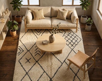 Handgefertigter Marokkanischer Beni Ourain Teppich | Creme Wollteppich | Moderner Geometrischer Shag Teppich | Wohnzimmer Teppich