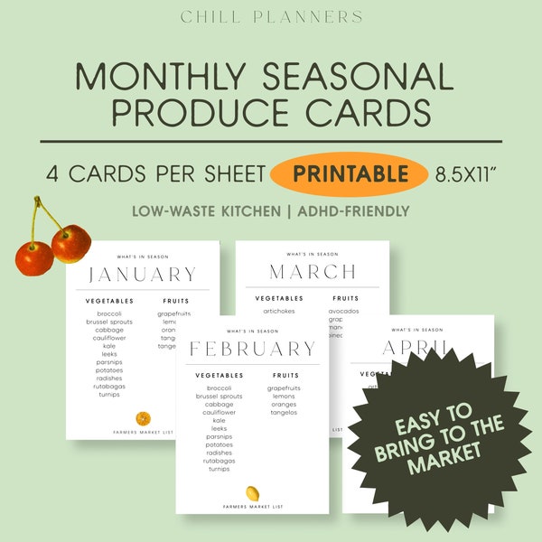 Monthly Seasonal Produce Cards for Low-Waste Kitchen Printable Template, Farmers Market Inspiration, In-Season