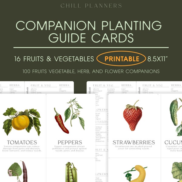Tarjetas imprimibles de la guía de plantación complementaria, planificador de jardines orgánicos imprimible