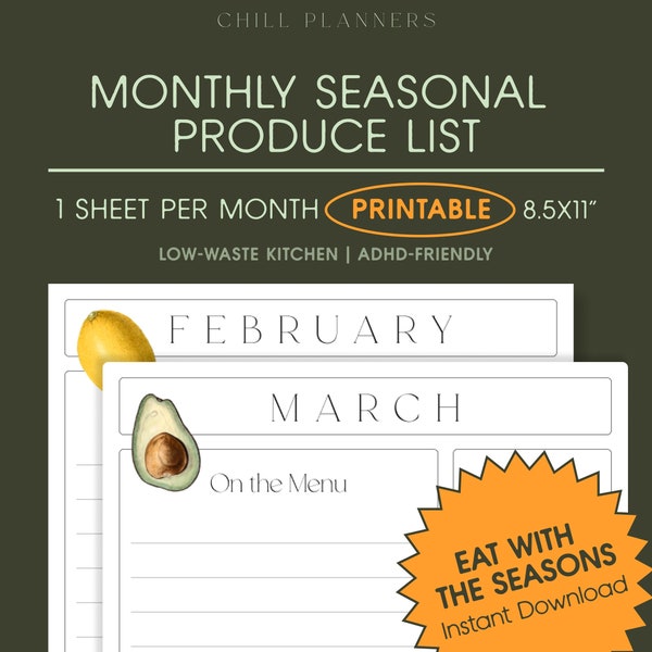 Monthly Seasonal Produce List for Low-Waste Kitchen Printable Template, Farmers Market Inspiration, In-Season