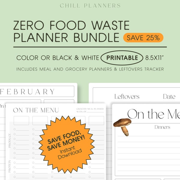 Zero Food Waste Kitchen Printables Bundle, Low-Waste Living, Flexible and Easy Meal Planning