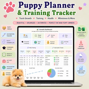 May include: A digital puppy planner and training tracker displayed on a laptop screen. The interface features a growth dashboard with charts, vaccination logs, and potty training data. A small, fluffy, light brown puppy sits in front of the laptop.