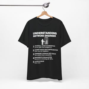 Könnte beinhalten: Schwarzes T-Shirt mit weißem Text: "UNDERSTANDING NETWORK ENGINEER." Darunter eine nummerierte Liste, die Netzwerktechnik-Probleme detailliert. Enthält eine Grafik einer Person und eines Servers. Humorvolles Design.