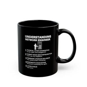 Könnte beinhalten: Schwarze Keramik-Tasse mit dem Text "UNDERSTANDING NETWORK ENGINEER" und einer Liste von Netzwerk-Fehlerbehebungs-Problemen. Die Tasse hat eine weiße Grafik und Text, einschließlich "Physical Layer Diagnostics" und "Layer 8 Issue."