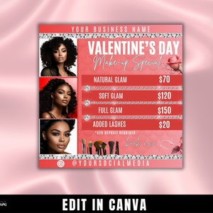 Valentines Day Make Up Flyer, Booking Flyer, February Book Now Flyer, Diy Canva Editable Flyer, Valentines Flyer, Instagram Post Template