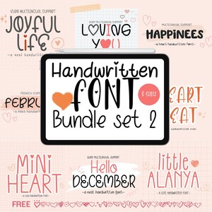 May include: A digital tablet screen displaying a collection of 8 handwritten fonts with a pink and white background. The fonts are displayed in various phrases such as "Joyful Life", "Loving You", "Happinees", "Febru", "Mini Heart", "Hello December", "Art Eat", and "Little Alanya".