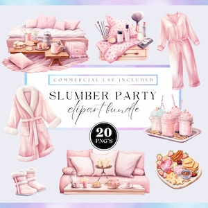 Slumber party clipart, Watercolor girl sleepover pack, commercial use, Transparent PNGs, teens beauty, pink themed set, pajamas & cosy setup