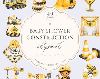 Baby Boy Construction Clipart Set, Watercolor Baby Shower Decor, Yellow Truck Clipart Graphics, Work Zone Builder Decor, For Commercial Use