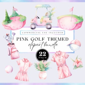 Conjunto de golfe feminino Png, clipart aquarela linda menina, clipart de clubes de golfe femininos rosa com floral para uso comercial, fundos transparentes