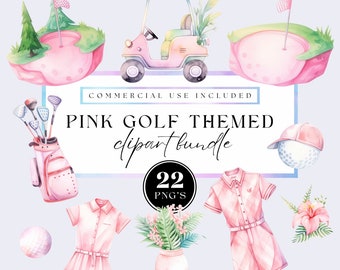 Girly golf Png set, Cute girl watercolor clipart, Pink women's golfer clubs clip art with floral for commercial use, Transparent backgrounds