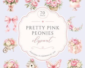 Pretty Pink Peonies Clipart, Watercolor Floral Peony Bouquet, Pink Bouquets & Decor For Wedding Celebration, Garden Flowers, Commercial Use