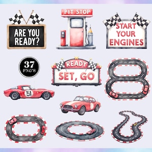 Pode incluir: Ilustra&ccedil;&otilde;es em aquarela com tema de corrida. Inclui um posto de gasolina vermelho, placas com texto como "Are You Ready?" e "Start Your Engines", carros de corrida e pistas de corrida. Tamb&eacute;m apresenta uma placa que diz "Ready, Set, Go".
