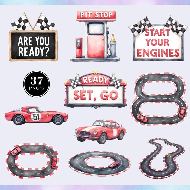 Pode incluir: Ilustra&ccedil;&otilde;es em aquarela com tema de corrida. Inclui um posto de gasolina vermelho, placas com texto como "Are You Ready?" e "Start Your Engines", carros de corrida e pistas de corrida. Tamb&eacute;m apresenta uma placa que diz "Ready, Set, Go".
