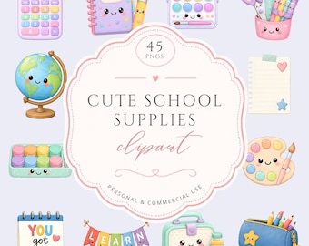 Cute school supplies clipart, Watercolor pastel kawaii stationery, back to school PNGs, teacher resources, classroom decor, Commercial Use