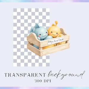 May include: Watercolor illustration of two plush toys in a wooden crate. One is a light blue whale, the other is a yellow creature. The crate has the text "Baby's First Catch!" on it. The words "TRANSPARENT background" and "300 DPI" are also visible.