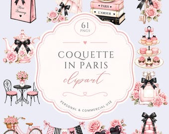 Coquette in Paris Clipart Bundle, Pink Watercolor PNG, Floral Bow Tea Party, Vintage French Graphics, Charming Elements, For Commercial Use