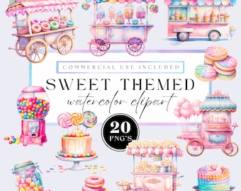 Può includere: Un set di 20 immagini clipart ad acquerello che rappresentano dolciumi e carretti di cibo da carnevale. Le immagini includono un carretto di gelato rosa e blu, un carretto di ciambelle rosa e bianco, un carretto di popcorn rosa e blu, un carretto di zucchero filato rosa e blu, un distributore di chewing gum rosa e blu, una torta rosa e bianca, una ciambella rosa e bianca, un lecca-lecca rosa e bianco, un barattolo di caramelle rosa e bianco e una torta rosa e bianca.