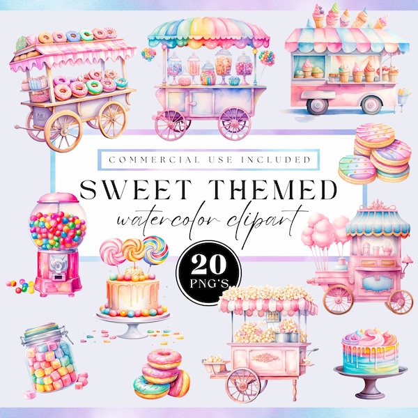 Fair food clipart, Watercolor sweet treats, rainbow candy clip art for commercial use, Transparent PNGs, cotton candy art, gumball machine