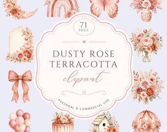 Dusty Rose Terracotta Clipart, Watercolor Boho Floral Clip Art, Pink & Peach Garden Nursery Decor, Pretty Wedding Flowers,  Commercial Use
