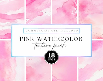 Pink watercolor Texture pack, watercolour digital papers, pastel coloured ink, bright colours, light pink & white bundle for commercial use