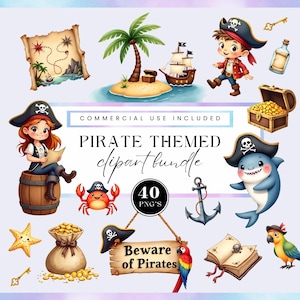 Pirate themed Party Clipart pack, Treasure Map Adventure Graphics, Watercolor Cute Cartoon Elements, Kids Birthday, nursery, Commercial Use