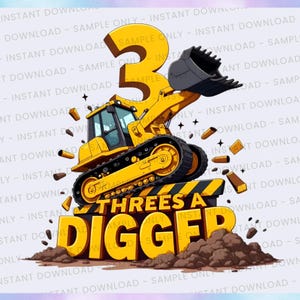 May include: A yellow cartoon illustration for a third birthday. It features a yellow excavator with a large number 3, the text "Threes a Digger", and a pile of dirt. The background is light purple.