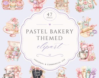 Pastel Bakery Clipart Bundle, Sweet Watercolor Cakes, Cupcakes and Tea Party Dessert Graphics for Invitations and Crafts, For Commercial Use