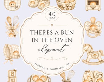 Theres A Bun In The Oven, Cute Baking Bunny Clipart Set, Creamy Beige Baby Shower PNGs for Baby Shower, Gender Neutral, For Commercial Use