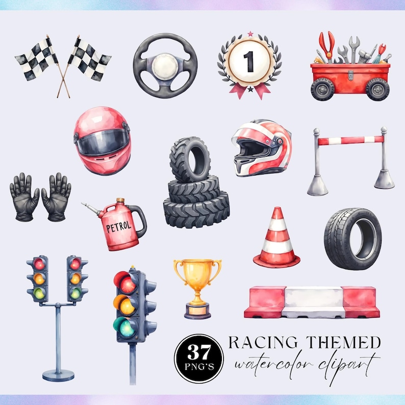 Pode incluir: Conjunto de cliparts em aquarela com tema de corrida. Inclui bandeiras quadriculadas, volante, coroa de vencedor, caixa de ferramentas, capacetes, pneus, luvas, lata de gasolina, sem&aacute;foros, trof&eacute;u e barreiras de seguran&ccedil;a. O texto diz "RACING THEMED watercolor clipart" e "37 PNG's".