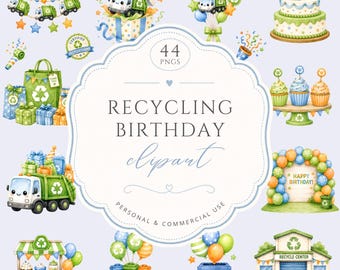 Recycling Birthday Clipart Bundle, Cute Watercolor Eco Party Truck, Birthday Boy Invitation Graphics, Waste Management Party, Commercial Use