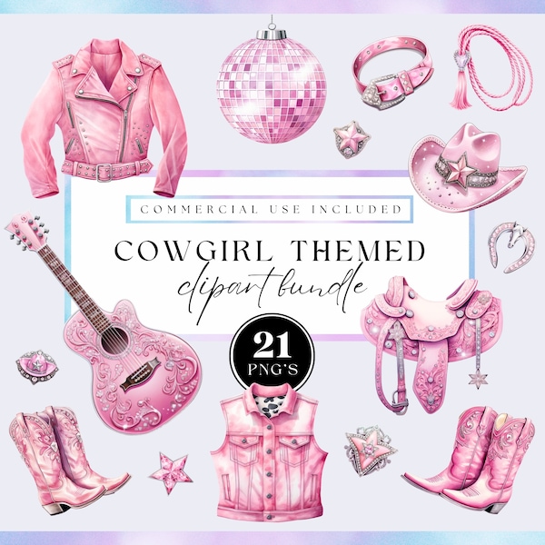 Disco cowgirl clipart, Pink cowgirl boots and hat png clip art, Cute coastal rodeo, watercolor art for commercial use, Transparent PNG's